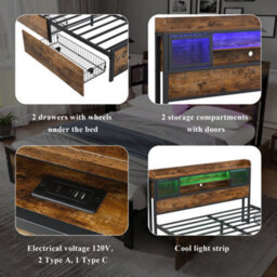 Btm 4Ft6 Double Metal Bed Black Wood Colour With Led Strip Drawers And Charging Ports For Adults Teens - thumbnail 6
