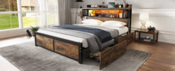 Btm 4Ft6 Double Metal Bed Black Wood Colour With Led Strip Drawers And Charging Ports For Adults Teens - thumbnail 7