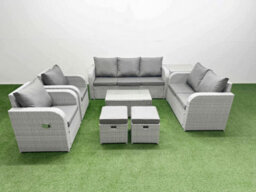 Fimous Pe Rattan Garden Furniture Set Adjustable Chair 2 Seater Sofa Lounge Set Oblong Coffee Table 2 Stools Side Table Light Grey - thumbnail 2