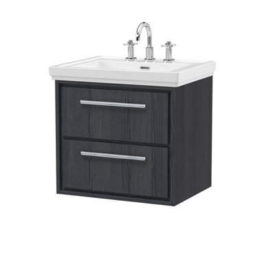 Hudson Reed Wall Hung 2-Drawer Vanity & 3-Tap Hole Basin, Graphite Grey Woodgrain, Fireclay, 630X471X605mm - image 1