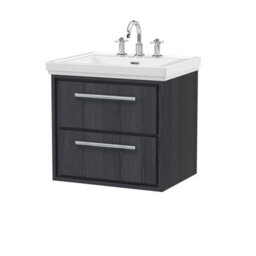 Hudson Reed Wall Hung 2-Drawer Vanity & 3-Tap Hole Basin, Graphite Grey Woodgrain, Fireclay, 630X471X605mm - thumbnail 1
