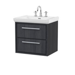Hudson Reed Wall Hung 2-Drawer Vanity & 3-Tap Hole Basin, Graphite Grey Woodgrain, Fireclay, 630X471X605mm - thumbnail 2