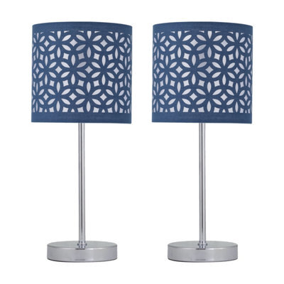 First Choice Lighting Set Of 2 Chrome Stick Table Lamps With Navy Blue Laser Cut Shades - image 1