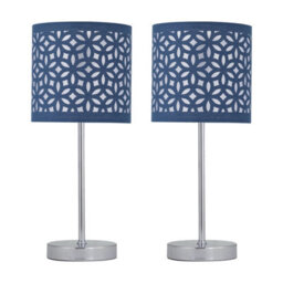 First Choice Lighting Set Of 2 Chrome Stick Table Lamps With Navy Blue Laser Cut Shades