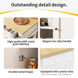 Btm White Kitchen Island Trolley With Power Strip Serving Tray Buffet Cabinet And Wood Grain Finish - thumbnail 6