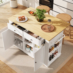 Btm White Kitchen Island Trolley With Power Strip Serving Tray Buffet Cabinet And Wood Grain Finish - thumbnail 1