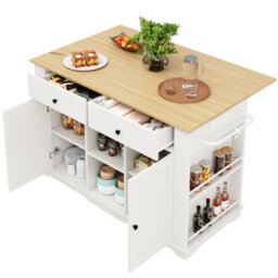 Btm White Kitchen Island Trolley With Power Strip Serving Tray Buffet Cabinet And Wood Grain Finish - thumbnail 9