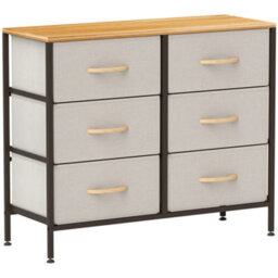 Wyld Haus Nali Industrial 6-Drawer Fabric Dresser With Steel Frame And Maple-Effect Top, Cream White, 80W X 30D X 62.5H Cm