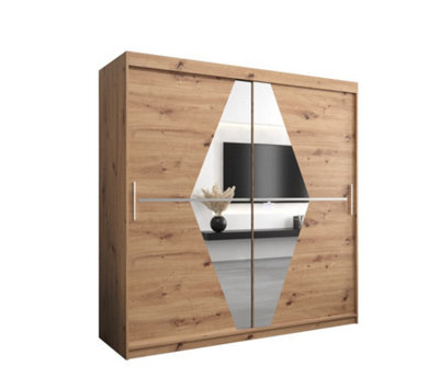 Arte Boliwia Contemporary 2 Mirrored Sliding Door Wardrobe 9 Shelves 2 Rails Artisan Oak Effect (H)2000mm (W)2000mm (D)620mm - image 1