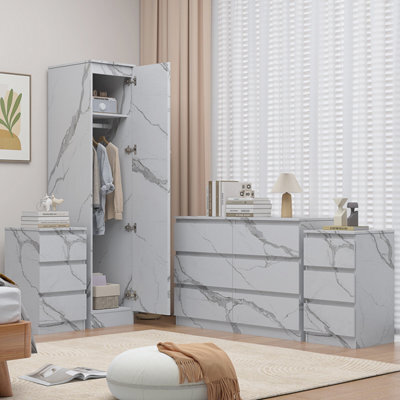 Zita White Marble Effect 4Pc Bedroom Set - 1-Door Wardrobe, Wide Chest & 2 Bedside Tables, Contemporary Bedroom Storage Solution - image 1