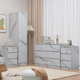 Zita White Marble Effect 4Pc Bedroom Set - 1-Door Wardrobe, Wide Chest & 2 Bedside Tables, Contemporary Bedroom Storage Solution - thumbnail 2