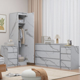 Zita White Marble Effect 4Pc Bedroom Set - 1-Door Wardrobe, Wide Chest & 2 Bedside Tables, Contemporary Bedroom Storage Solution