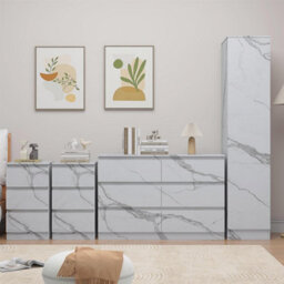 Zita White Marble Effect 4Pc Bedroom Set - 1-Door Wardrobe, Wide Chest & 2 Bedside Tables, Contemporary Bedroom Storage Solution - thumbnail 3