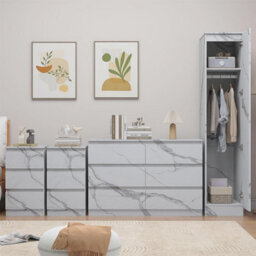 Zita White Marble Effect 4Pc Bedroom Set - 1-Door Wardrobe, Wide Chest & 2 Bedside Tables, Contemporary Bedroom Storage Solution - thumbnail 4