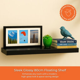 Innoteck Black High Gloss Floating Shelf Rectangular 80Cm Modern Wall Mounted Shelf - thumbnail 2