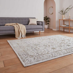 Gold Grey Abstract Bordered 8mm Pile Rug For Bedroom, Living, Dining Room, Easy To Clean Traditional Rug-120Cm X 170Cm - thumbnail 2