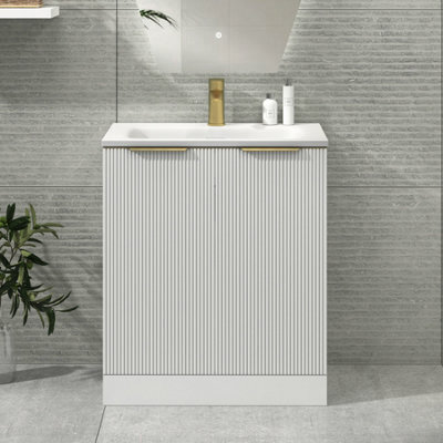 Royal Bathrooms Evora 700mm Matt White Fluted Floor Standing Bathroom Vanity Unit 2 Door Cabinet Storage With Stone Basin & Brushed Brass Handles - image 1