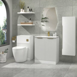 Royal Bathrooms Evora 700mm Matt White Fluted Floor Standing Bathroom Vanity Unit 2 Door Cabinet Storage With Stone Basin & Brushed Brass Handles - thumbnail 2