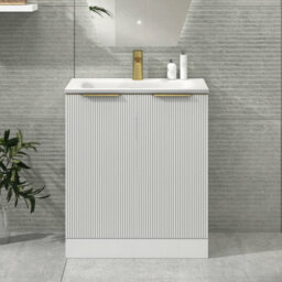 Royal Bathrooms Evora 700mm Matt White Fluted Floor Standing Bathroom Vanity Unit 2 Door Cabinet Storage With Stone Basin & Brushed Brass Handles