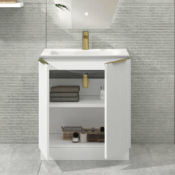 Royal Bathrooms Evora 700mm Matt White Fluted Floor Standing Bathroom Vanity Unit 2 Door Cabinet Storage With Stone Basin & Brushed Brass Handles - thumbnail 3
