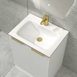 Royal Bathrooms Evora 700mm Matt White Fluted Floor Standing Bathroom Vanity Unit 2 Door Cabinet Storage With Stone Basin & Brushed Brass Handles - thumbnail 5