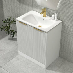 Royal Bathrooms Evora 700mm Matt White Fluted Floor Standing Bathroom Vanity Unit 2 Door Cabinet Storage With Stone Basin & Brushed Brass Handles - thumbnail 4