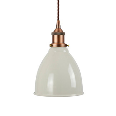 SE Home Clay White Classic Small Pantry Metal Painted Dome Pendant Light With Matt Antique Copper Lamp Holder And Brown Twisted Cable