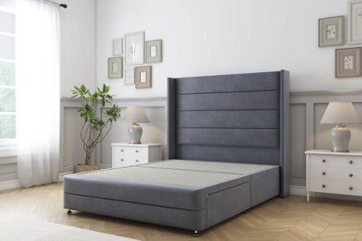 "Sloomy Sterling Steel Plush Divan Bed 2 Drawers Foot-End - 54"" Wingback Headboard & 12"" Footboard 4'6 Double" - image 1