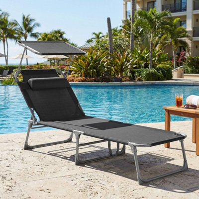 LEDREM Sun Lounger With 4 Position Adjustable Backrest, Folding Sun Lounger And 360 Tilting Canopy, Patio Pool Use, Dark Grey - image 1