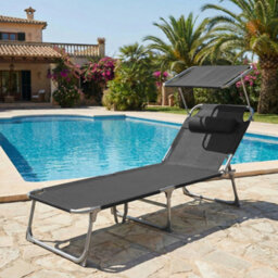 LEDREM Sun Lounger With 4 Position Adjustable Backrest, Folding Sun Lounger And 360 Tilting Canopy, Patio Pool Use, Dark Grey - thumbnail 4