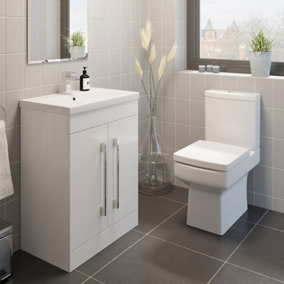 Affine White Bathroom Suite 600mm Vanity Unit Close Coupled Toilet Cloakroom Basin Set - image 1