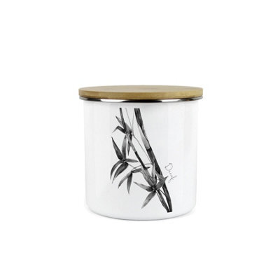 Purely Home Leaf Design Decaf Canister - By Rhiannon Chauncey - White Metal Enamel Medium Sized Kitchen Food Storage Container