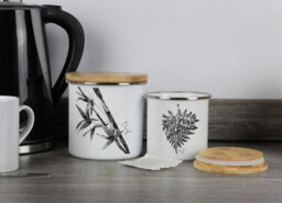 Purely Home Leaf Design Decaf Canister - By Rhiannon Chauncey - White Metal Enamel Medium Sized Kitchen Food Storage Container - thumbnail 2