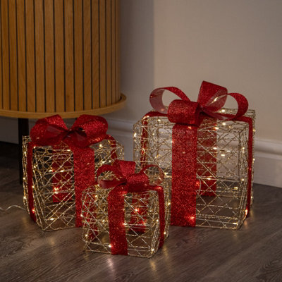 Samuel Alexander Set Of 3 Gold Light Up Christmas Parcel Decorations With 90 Warm White Leds - image 1