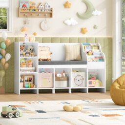 White Bookcase, 138.5 Cm Toy Storage Unit With Reading Nook Bench - thumbnail 4