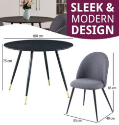 Hallowood Furniture Finley Small Round Dining Table In Black Finish With 4 Curved Back Grey Fabric Chairs - thumbnail 3