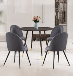 Hallowood Furniture Finley Small Round Dining Table In Black Finish With 4 Curved Back Grey Fabric Chairs - thumbnail 1