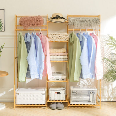 Darphe Bamboo Trapezoid Clothing Rack With 5 Tier Storage Shelves Multi-Functional Clothes Hanging Rack Stand - image 1