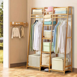 Darphe Bamboo Trapezoid Clothing Rack With 5 Tier Storage Shelves Multi-Functional Clothes Hanging Rack Stand - thumbnail 2