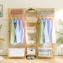 Darphe Bamboo Trapezoid Clothing Rack With 5 Tier Storage Shelves Multi-Functional Clothes Hanging Rack Stand - thumbnail 1