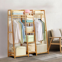 Darphe Bamboo Trapezoid Clothing Rack With 5 Tier Storage Shelves Multi-Functional Clothes Hanging Rack Stand - thumbnail 3