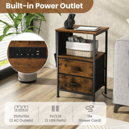 Costway Set Of 2 End Table Nightstand With Charging Station Industrial Bedside Table W/ 2 Drawers - thumbnail 6