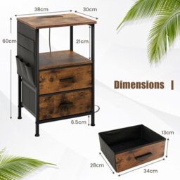 Costway Set Of 2 End Table Nightstand With Charging Station Industrial Bedside Table W/ 2 Drawers - thumbnail 2