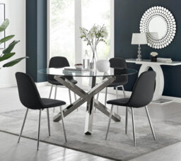 Furniturebox Uk Vogue Large Round Chrome Metal Clear Glass Dining Table And 4 Black Corona Silver Dining Chairs Set - thumbnail 1