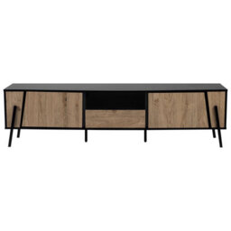 Beliani 76-Inch Tv Stand Brown Matt Wood Black Top Metal Legs 1 Drawer 2 Cabinets - thumbnail 1