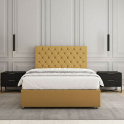 REGIONAL FURNISHINGS Mustard Plush Velvet Divan Bed Set Upholstered With 24Inch Headboard & 4 Drawers No Mattress In 3Ft 4Ft 4Ft6 5Ft 6Ft Sizes - thumbnail 3