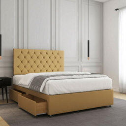 REGIONAL FURNISHINGS Mustard Plush Velvet Divan Bed Set Upholstered With 24Inch Headboard & 4 Drawers No Mattress In 3Ft 4Ft 4Ft6 5Ft 6Ft Sizes - thumbnail 2