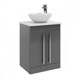 Clifton 2-Door Floor Standing Vanity Unit With Sit-On Basin And Worktop 600mm Wide - Storm Grey Gloss  - Brassware Not Included - thumbnail 1