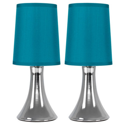 Valuelights Pair Of Brushed Chrome Touch Dimmer Bedside Table Lamps With Blue Cylinder Light Shades - image 1