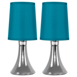 Valuelights Pair Of Brushed Chrome Touch Dimmer Bedside Table Lamps With Blue Cylinder Light Shades - thumbnail 2